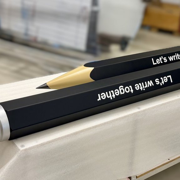 Nahaufnahme der 2.5 Meter langen Bleistifte. 