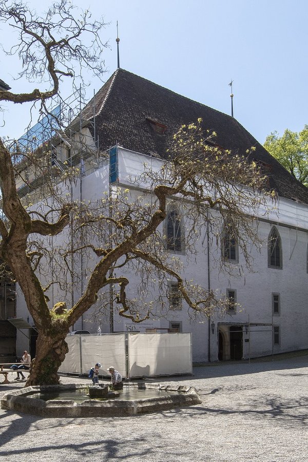 Täuschend echt wirkt die Gerüstverkleidung, die während Sanierungsarbeiten von Richnerstutz am Ritterhaus der Schlossanlage Lenzburg angebracht wurde.