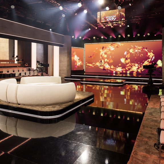 Leuchtkästen und textile Elemente im neuen SRF-«Happy Day»-Studio mit präziser Ausleuchtung und moderner Studiogestaltung. Bildquelle: SRF