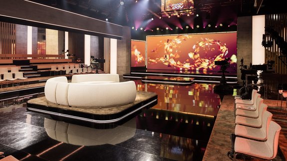 Leuchtkästen und textile Elemente im neuen SRF-«Happy Day»-Studio mit präziser Ausleuchtung und moderner Studiogestaltung. Bildquelle: SRF